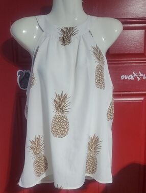 White Pineapple Print Halter Sleeveless Blouse.